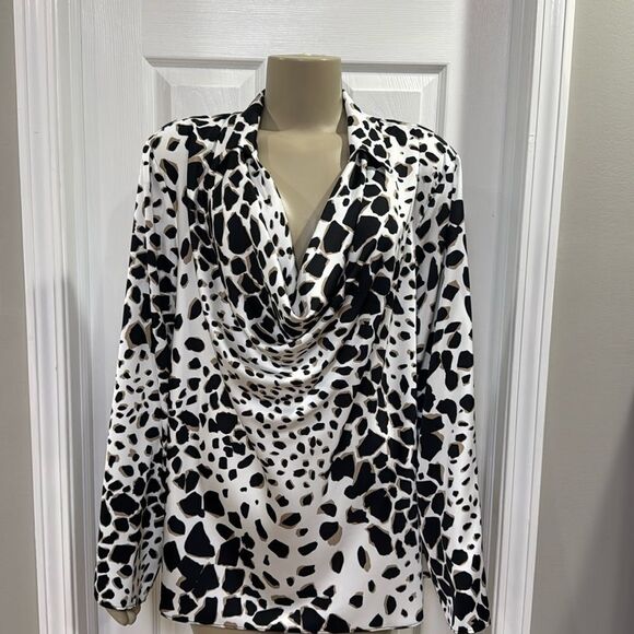 JOSEPH RIBKOFF ANIMAL PRINT SATIN TOP WITH COWL NECKLINE BLACK, TAN AND WHITE. - Picture 6 of 11